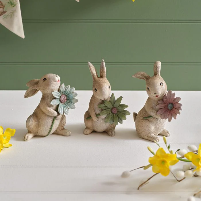 Meadow Fields Polyresin Bunny Ornament with Flower