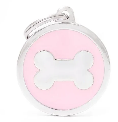 My Family Big Silver Bone In Pink Circle ID Tag