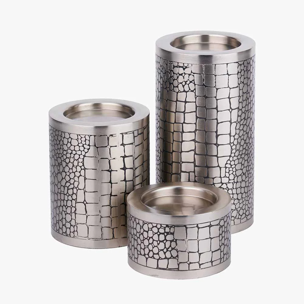 S/3 Antique Silver Croc Print Candle Holder - Image 3