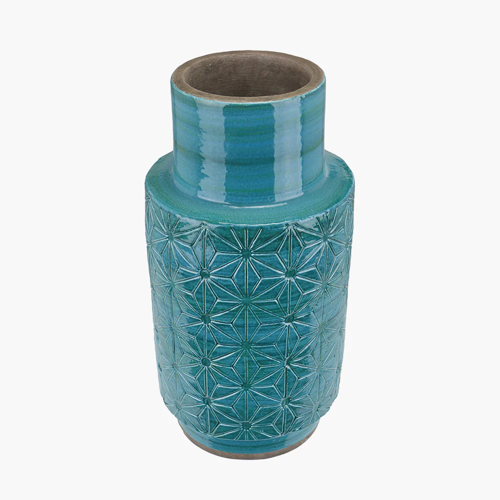 Sidra Aquamarine Stoneware Etch Detail Vase - Image 3